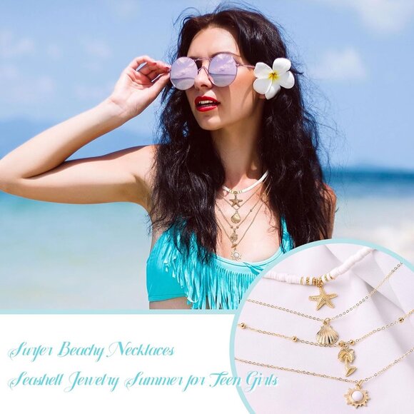 🆕 Women Gold Puka Shell Necklace Boho Layered Starfish Beaded Choker Jewelry - Picture 4 of 7